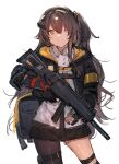  1girl absurdres armband asymmetrical_legwear backpack bag bangs bare_legs black_gloves black_jacket black_pantyhose black_skirt commentary fingerless_gloves foregrip girls&#039;_frontline gloves grey_hair grip gun h&amp;k_ump45 hair_ornament hair_over_shoulder headgear highres holding holding_gun holding_weapon hood hood_down hooded_jacket jacket long_sleeves looking_at_viewer loose_necktie messy_hair mod3_(girls&#039;_frontline) necktie one_eye_closed open_mouth pantyhose parted_bangs pleated_shirt pleated_skirt ponytail shirt shishamo_(domado) side_ponytail sidelocks single_leg_pantyhose sketch skirt smile solo submachine_gun suppressor tactical_clothes teeth thigh_pouch ump45_(girls&#039;_frontline) untucked_shirt vertical_foregrip weapon white_shirt yellow_eyes yellow_necktie 