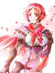  1girl blush breasts cape closed_mouth dress fire_emblem fire_emblem:_three_houses fire_emblem_warriors:_three_hopes fkms_szrr gloves hair_ornament highres long_hair long_sleeves looking_at_viewer monica_von_ochs official_alternate_costume official_alternate_hairstyle red_eyes red_hair short_hair simple_background smile solo upper_body 