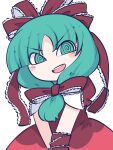  1girl @_@ blush_stickers bow dress fried_rice0614 frilled_bow frilled_ribbon frills front_ponytail green_eyes green_hair hair_bow hair_ribbon highres kagiyama_hina long_hair one-hour_drawing_challenge open_mouth red_bow red_dress red_ribbon ribbon short_sleeves simple_background smile solo touhou upper_body white_background 