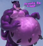  abdominal_bulge anthro belly belly_rub big_belly bodily_fluids disembodied_hand dragon hi_res licking licking_lips male muscular muscular_male pecs purple_body purple_skin saliva scalie text tongue tongue_out vore zyyphelze 