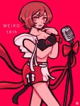  1girl absurdres bangs birthday breasts brown_eyes brown_hair character_name cleavage crop_top duckdachi highres looking_at_viewer medium_breasts meiko_(vocaloid) microphone_stand piapro red_background short_hair smile vocaloid 