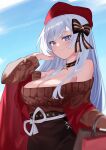  1girl absurdres adjusting_hair aran_sweater azur_lane belfast_(azur_lane) belfast_(shopping_with_the_head_maid)_(azur_lane) beret blue_eyes blue_sky breasts brown_skirt brown_sweater cleavage detached_collar grey_hair hat highres large_breasts light_smile long_hair looking_at_viewer off-shoulder_sweater off_shoulder official_alternate_costume pencil_skirt red_headwear red_shawl shawl skirt sky solo sweater very_long_hair waka_(user_unuj5373) 