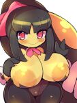  big_breasts blush breasts clothed clothing female generation_3_pokemon humanoid looking_at_viewer mawile nekoyuu nintendo pokemon pokemon_(species) red_eyes solo thick_thighs video_games yellow_body 