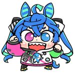  1girl :d @_@ ahoge animal_ears arm_up bangs bkub black_bodysuit blue_eyes blue_hair blush_stickers bodysuit chibi crossed_bangs ear_covers full_body hair_between_eyes heterochromia hood hooded_coat hoodie horse_ears horse_girl horse_tail long_hair long_sleeves looking_at_viewer multicolored_clothes multicolored_coat multicolored_hair multicolored_hoodie open_mouth purple_eyes sharp_teeth sidelocks simple_background smile solo standing stuffed_animal stuffed_bunny stuffed_toy tail teeth twin_turbo_(umamusume) twintails umamusume white_background yellow_footwear 