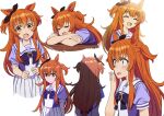  1girl absurdres animal_ears blush_stickers bow bowtie closed_eyes covering_mouth ear_bow expressionless from_behind highres horse_ears horse_girl horseshoe_ornament kerorira long_hair looking_at_viewer mayano_top_gun_(umamusume) multiple_views orange_eyes orange_hair pleated_skirt puffy_short_sleeves puffy_sleeves purple_bow purple_bowtie purple_shirt sailor_collar sailor_shirt school_uniform serafuku shirt short_sleeves simple_background skirt smile summer_uniform tracen_school_uniform two_side_up umamusume white_background white_skirt 