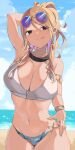  1girl absurdres arm_behind_head arm_up beach bikini blonde_hair blue_bikini blue_nails blue_sky bracelet breasts brown_eyes chain_bikini closed_mouth cloud commentary_request cowboy_shot day earrings eyes_visible_through_hair eyewear_on_head highres hiiragi_ken hoop_earrings idolmaster idolmaster_shiny_colors izumi_mei jewelry large_breasts long_hair looking_at_viewer mismatched_bikini nail_polish navel necklace outdoors ponytail sky solo stomach sunglasses swimsuit tongue tongue_out white_bikini 