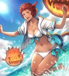  1girl animal_ears bikini blue_eyes breasts cat_ears cat_tail cleavage dark-skinned_female dark_skin day facial_mark final_fantasy final_fantasy_xiv highres jacket makimura_shunsuke medium_breasts miqo&#039;te navel open_clothes open_jacket open_mouth outdoors red_hair short_hair short_sleeves solo swimsuit tail water whisker_markings white_bikini 