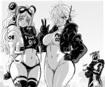 1boy 2girls black_panties black_skirt bodysuit breasts clapping crop_top freckles greyscale groin hair_over_one_eye helmet highres jacket large_breasts leather leather_jacket lewdamone long_hair midriff monochrome multiple_girls navel one_piece open_mouth panties short_hair skirt smile thick_thighs thighhighs thighs twintails underwear vegapunk_lilith vegapunk_shaka vegapunk_york 