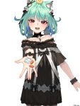  absurdres alternate_costume animal_ears bintz dress green_hair happy highres hololive long_hair looking_at_viewer open_mouth pill red_eyes smile strapless strapless_dress uruha_rushia virtual_youtuber 