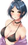  1girl absurdres bangs bikini black_bikini black_choker blue_hair blush breasts choker cleavage collarbone commentary_request dark_blue_hair earrings hayami_kanade heart heart_necklace highres idolmaster idolmaster_cinderella_girls jacket jacket_partially_removed jewelry looking_at_viewer medium_breasts murabito_c necklace parted_bangs parted_lips purple_jacket short_hair simple_background solo stud_earrings swimsuit upper_body white_background yellow_eyes 