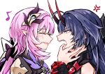  2girls anger_vein bangs bare_shoulders blue_hair blush closed_eyes commentary_request elysia_(honkai_impact) gloves hair_ornament highres honkai_(series) honkai_impact_3rd horns long_hair looking_at_another multiple_girls musical_note open_mouth pink_hair pointy_ears raiden_mei raiden_mei_(herrscher_of_thunder) saliva sen_jin_chen smile teeth upper_body 