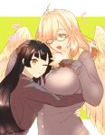  2girls :t animal_hands bangs black_hair blonde_hair blunt_bangs bone_color919 breasts brown_eyes colored_eyelashes feathered_wings feathers glasses green_background hair_intakes hair_over_one_eye harpy headpat heart hug jacket large_breasts letterboxed long_hair master_2_(housamo) medium_breasts monster_girl multiple_girls neck_ruff notice_lines one_eye_closed open_mouth red-framed_eyewear simple_background smile tokyo_afterschool_summoners upper_body white_feathers wings ziz_(housamo) 