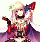  1girl arm_behind_head armpits blonde_hair cape cleavage_cutout clothing_cutout dress fina_(ffbe) final_fantasy final_fantasy_brave_exvius fingerless_gloves flower from_above gloves hair_flower hair_ornament jewelry looking_up medium_hair navel necklace red_dress red_eyes smile solo tarutaru_yamaoka white_background white_cape 