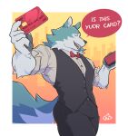  absurd_res anthro blue_body blue_fur bow_tie brand_new_animal canid canine canis card clothed clothing fur hi_res male mammal necktie ni_draw shirou_ogami smile solo studio_trigger suit topwear white_body white_fur wolf 