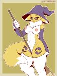  2022 3:4 absurd_res anthro armwear bandai_namco black_sclera breasts broom canid canine cleaning_tool clothing digimon digimon_(species) female fur genitals hat headgear headwear hi_res legwear male mammal nipples portrait pussy renamon solo the_man thigh_highs three-quarter_portrait white_body white_fur witch_hat yellow_body yellow_fur 