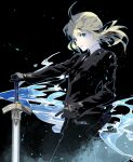  1girl artoria_pendragon_(fate) black_background black_gloves black_jacket black_nails black_pants blonde_hair cofffee excalibur_(fate/stay_night) expressionless fate/zero fate_(series) formal gloves jacket looking_at_viewer low_ponytail pants planted planted_sword saber shirt short_ponytail solo suit sword weapon white_shirt 