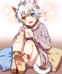  1boy animal_ears blue_eyes cat_boy cat_ears cat_tail ginjiro_(ginziro525) ginjiro_(vtuber) indie_virtual_youtuber looking_at_viewer male_child male_focus orange_eyes paw_print_soles pillow short_hair shorts sitting sitting_on_pillow smile socks solo tail translation_request virtual_youtuber 