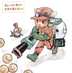  1girl :d blonde_hair boots colored_tongue duct_tape egg elbow_gloves eyes_visible_through_hair gloves green_footwear green_gloves hardhat headphones helmet high-visibility_vest highres holding ink_vac_(splatoon) jumpsuit lifebuoy long_hair microphone octarian octoling octoling_girl open_mouth orange_eyes orange_headwear orange_jumpsuit orange_tongue plum0o0 rubber_boots rubber_gloves running salmon_run_(splatoon) salmonid searchlight smallfry_(splatoon) smile splatoon_(series) splatoon_3 tape tentacle_hair translation_request vest 