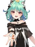  absurdres alternate_costume animal_ears bintz dress green_hair happy highres hololive long_hair looking_at_viewer open_mouth pill red_eyes smile strapless strapless_dress uruha_rushia virtual_youtuber 