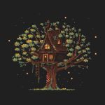  black_background dark_background door english_commentary highres ladder mushroom no_humans original pixel_art plant simple_background tofupixel tree treehouse vines window wooden_door wooden_house 