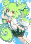  1girl 1other absurdres collared_shirt creature_and_personification dot_mouth green_hair green_shorts green_suspenders hair_between_eyes highres kaamin_(mariarose753) long_hair puffy_shorts red_ribbon ribbon shirt shorts suspenders voicevox white_shirt yellow_eyes zundamon 