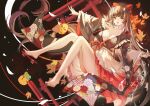  1girl absurdres autumn_leaves azur_lane bare_legs barefoot bow breasts brown_hair cleavage collar collarbone detached_collar falling_feathers falling_leaves falling_petals feet geta hair_bow highres horns japanese_clothes kimono large_breasts leaf long_hair long_sleeves looking_at_viewer manjuu_(azur_lane) official_alternate_costume open_mouth orange_eyes petals red_bow sakawa_(azur_lane) sakawa_(the_colors_of_love)_(azur_lane) smile solo thighs toes torii very_long_hair white_collar wide_sleeves xiongshouji 