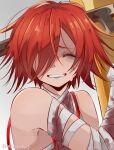  1girl a.b.a absurdres bandages blood blood_on_clothes closed_eyes guilty_gear highres homunculus key_in_head mil17459623 paracelsus portrait red_hair short_hair smile solo_focus 