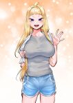  1girl bangs blonde_hair blue_shorts blush breasts collarbone dosanko_gyaru_wa_namaramenkoi fuyuki_minami grey_shirt highres ikada_kai large_breasts long_hair open_hand open_mouth orange_background purple_eyes shirt shorts smile solo straight-on sweat towel towel_around_neck waving 