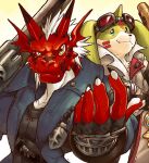  anthro bandai_namco claws dahecksajerry digimon digimon_(species) duo eyewear facial_markings gargomon goggles growlmon gun hair head_markings horn long_ears male markings ranged_weapon red_body weapon white_hair yellow_eyes 