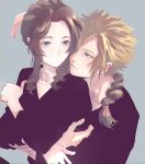  1boy 1girl aerith_gainsborough alternate_costume arms_around_waist bangs black_shirt blonde_hair blue_eyes braid braided_ponytail brown_hair cloud_strife couple crossed_arms demi_co final_fantasy final_fantasy_vii final_fantasy_vii_remake green_eyes grey_background hair_over_shoulder hair_ribbon hetero highres hug hug_from_behind long_hair long_sleeves looking_at_another parted_bangs pink_ribbon ribbon shirt short_hair sidelocks spiked_hair upper_body wavy_hair 