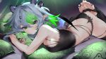  1girl ass black_panties black_thighhighs bsapricot_(vtuber) closed_mouth commission demon_girl demon_horns demon_tail dyarikku english_commentary feet feet_up green_eyes green_hair grey_hair hair_between_eyes horns jewelry looking_at_viewer lying multicolored_hair multiple_horns nail_polish no_shoes object_hug on_stomach panties pillow pillow_hug pointy_ears purple_nails ring second-party_source solo stirrup_legwear streaked_hair tail thighhighs toe_ring toeless_legwear toenail_polish toenails toes underwear virtual_youtuber vshojo 