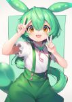  1girl :3 buttons double_v green_hair green_shorts green_suspenders gunjou_row hair_between_eyes highres long_hair open_mouth orange_eyes puffy_short_sleeves puffy_shorts puffy_sleeves shirt short_sleeves shorts solo v voicevox white_shirt zundamon 