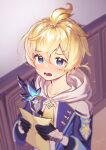  1boy absurdres ahoge androgynous blonde_hair blue_eyes blue_feathers blush earrings feathers genshin_impact gloves highres holding holding_paper ice_s_s_z jewelry long_sleeves looking_at_viewer looking_up male_focus mika_(genshin_impact) open_mouth paper short_hair solo 