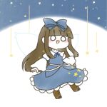  1girl bangs blue_dress blue_ribbon blunt_bangs boots brown_footwear brown_hair chibi commentary dress hair_ribbon highres lace-trimmed_dress lace_trim long_hair long_sleeves mashumaro_toho neck_ribbon o_o open_mouth pale_skin ribbon smile solo star_(symbol) star_sapphire touhou wings 