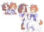  2girls ahoge animal_ears bangs blush breasts brown_hair character_doll closed_mouth crown flying_sweatdrops hairband hihiqhi horse_ears horse_girl horse_tail large_breasts meisho_doto_(umamusume) mini_crown multiple_girls open_mouth orange_hair puffy_short_sleeves puffy_sleeves purple_eyes purple_shirt raised_eyebrows sailor_collar school_uniform shirt short_sleeves sitting sitting_on_lap sitting_on_person skirt small_breasts smile t.m._opera_o_(umamusume) tail thighhighs tracen_school_uniform umamusume white_skirt white_thighhighs yuri 