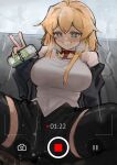  1girl absurdres black_jacket black_shorts black_thighhighs blonde_hair blue_eyes blush breasts can choker commentary highres holding holding_can indie_virtual_youtuber jacket long_hair looking_at_viewer medium_breasts off_shoulder open_clothes open_shorts recording red_choker shirt shorts smile solo spread_legs symbol-only_commentary thighhighs v viewfinder virtual_youtuber whiskey_project white_shirt xerbatt 
