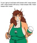  ankylosaurian ankylosaurid ankylosaurus anthro apron apron_only beverage big_breasts breasts clothing container cup dinosaur english_text female goodbye_volcano_high hair half-closed_eyes hi_res humanoid i_mean_breast_milk long_hair looking_at_viewer meme mostly_nude multicolored_body narrowed_eyes orange_body ornithischian raidak5 red_eyes red_hair reptile rosa_(gvh) scalie side_boob snoot_game_(fan_game) solo spikes spikes_(anatomy) starbucks text thyreophoran two_tone_body video_games 