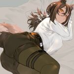  1girl animal_ears arknights ass black_shorts blush breasts brown_hair brown_pantyhose closed_mouth feet_out_of_frame high-waist_shorts highres kochiya_(gothope) large_breasts long_hair long_sleeves looking_at_viewer low_ponytail lying on_bed on_side pantyhose pantyhose_under_shorts pillow raccoon_ears raccoon_girl raccoon_tail robin_(arknights) shirt shorts sidelocks solo tail thigh_strap white_shirt yellow_eyes 