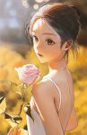  1girl brown_eyes brown_hair day dress film_grain flower hair_bun holding holding_flower looking_to_the_side on_(onon2659) original outdoors parted_lips photo-referenced rose short_hair sleeveless sleeveless_dress solo spaghetti_strap upper_body white_dress 