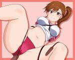  1girl arms_behind_back bdsm blush bondage bound breasts brown_hair buruma cameltoe clenched_teeth clothes_lift covered_nipples futami_mami gym_uniform highres idolmaster idolmaster_million_live! knees_up large_breasts milliani navel pink_background purple_eyes red_buruma shibari shirt_lift short_sleeves side_ponytail spread_legs stomach sweat teeth thick_thighs thighs tied_up_(nonsexual) 