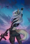  aircraft airplane amarihel anthro bulletproof_vest canid canine canis domestic_dog female gun handgun hi_res mammal midriff moon nature nature_background outside pink_eyes pistol ranged_weapon reign_(scfiii) rifle sky solo spots star starry_sky sunset thong_straps weapon 