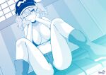  1girl alternate_costume bangs bikini bikini_top_only blue_theme blush boots breasts closed_mouth commentary_request dutch_angle flat_cap foot_out_of_frame hair_bobbles hair_ornament hands_on_own_cheeks hands_on_own_face hat highres kagiyama_shachou kawashiro_nitori large_breasts looking_at_viewer m_legs medium_hair monochrome navel one_eye_closed partially_visible_vulva rubber_boots short_shorts shorts sidelocks smile solo spread_legs swimsuit touhou two_side_up 