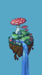  blue_background closed_mouth english_commentary floating_rock frog grass highres looking_at_viewer moss no_humans original pixel_art red_mushroom rock simple_background tofupixel water waterfall 