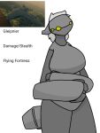  aircraft anthro big_breasts breasts clothing female gloves_(marking) grey_body grey_clothing grey_hair grey_tail hair huge_breasts lewd_can living_aircraft living_machine living_vehicle machine markings mask multicolored_body solo two_tone_body vehicle yellow_body 