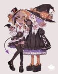  2girls ;d alternate_costume animal animal_on_shoulder bat_wings big_man_(splatoon) black_cat black_footwear black_headwear black_ribbon black_wings blonde_hair blue_hair boots bow breasts buttons cat cat_on_shoulder center_frills cephalopod_eyes colored_eyelashes colored_tongue cross-shaped_pupils dark-skinned_female dark_skin demon_tail dress earrings fangs frills frye_(splatoon) full_body garter_straps gradient_hair grey_background hair_over_one_eye halloween hands_up hat hat_bow hat_ornament hat_ribbon horizontal_pupils jack-o&#039;-lantern jewelry juliet_sleeves long_hair long_sleeves medium_breasts mini_hat mini_top_hat mini_wings multicolored_hair multiple_earrings multiple_girls neck_ribbon necktie one_eye_closed open_mouth orange_bow orange_hair orange_pantyhose pantyhose pink_pupils platform_footwear plum0o0 puffy_long_sleeves puffy_sleeves pumpkin red_eyes red_necktie red_ribbon ribbon shirt shiver_(splatoon) shoes short_necktie sleeves_past_fingers sleeves_past_wrists smile splatoon_(series) splatoon_3 standing striped striped_bow striped_ribbon suspenders tail teeth thigh_boots tongue tongue_out top_hat two-tone_hair white_shirt wings witch_hat yellow_eyes yellow_pupils yellow_ribbon yellow_tongue zettai_ryouiki 