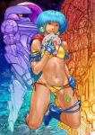  1girl absurdres armlet bikini blue_footwear blue_gloves blue_hair boots breasts earrings gloves highres holding holding_weapon jewelry kneeling lip_(lip_(manga)) lip_(manga) mecha moon navel red_eyes red_scarf robot scarf science_fiction short_hair small_breasts swimsuit tan vigwer weapon yellow_bikini 