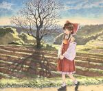  1girl ascot bangs bare_tree blush bow brown_eyes brown_hair bush closed_mouth cloud collared_shirt crossed_legs day detached_sleeves farm field frilled_bow frilled_shirt_collar frilled_skirt frills full_body hair_bow hair_tubes hakurei_reimu long_skirt looking_at_viewer mountainous_horizon outdoors own_hands_together path red_bow red_shirt red_skirt ribbon-trimmed_sleeves ribbon_trim rice_paddy shadow shiratama_(hockey) shirt short_hair sidelocks skirt skirt_set sky sleeveless sleeveless_shirt smile solo tareme touhou traditional_media tree walking yellow_ascot 