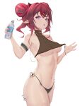  absurdres breasts chyraliss hair_bun highres hololive horns irys_(hololive) looking_at_viewer multicolored_eyes pointy_ears red_hair solo swimsuit underboob white_background 