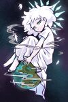  1girl amphibia anne_boonchuy aura barefoot dress feet highres hugging_own_legs latki leaf looking_at_viewer pale_skin planet sitting solo space spoilers toes white_dress white_hair 