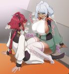  2girls asticassia_school_uniform blush breasts dark-skinned_female dark_skin futa_with_female futanari green_eyes grey_hair gundam gundam_suisei_no_majo hoshi_aka implied_futanari large_breasts long_hair low-tied_long_hair low_ponytail multiple_girls open_mouth red_hair school_uniform secelia_dote short_hair shorts sideboob sitting suletta_mercury thigh_sex thighhighs white_thighhighs 